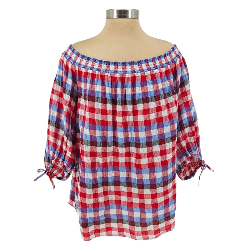 Lane Bryant Crinkle Shirt Red Gingham Off Shoulder 3/4 Sleeve Top 18 20